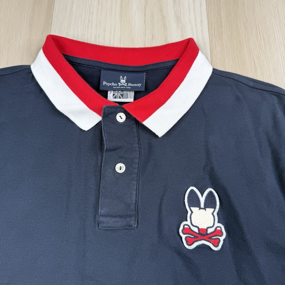 Psycho Bunny Polo Shirt Pima Cotton Skull Bunny Logo Striped Trim Size 7 Navy - Picture 2 of 10